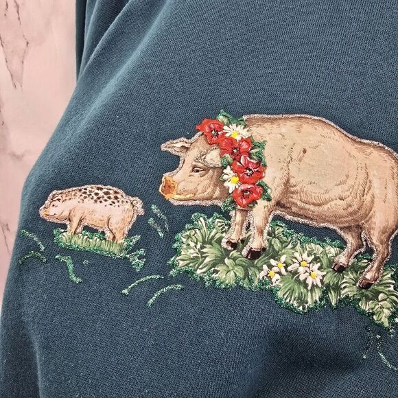 Vintage Sweatshirt Womens Large Green Cow Pig Chickens Farm Upcycled - Picture 8 of 12